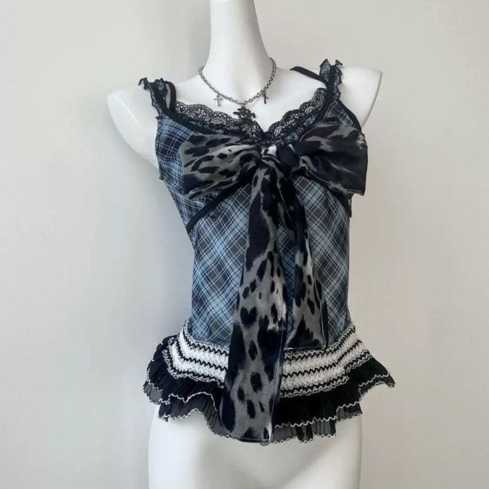 Y2K Plaid Lace Trim Cami Top with Bow